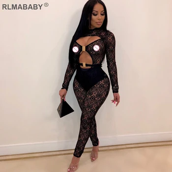 

RLMABABY Night Club Party Sexy Lace Jumpsuit O Neck Long Sleeve Hollow Bodycon Rompers Overall Summer Transparent Women Jumpsuit