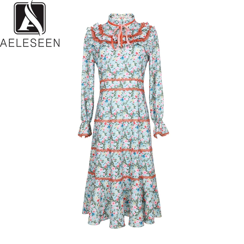 

AELESEEN European Vintage Runway Floral Printed A-Line Lace Cake Dresses Women Luxury Ruffles Elegant Flare Sleeve Midi Dress