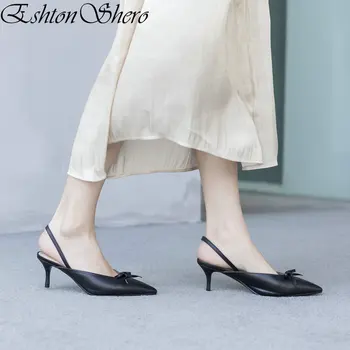 

EshtonShero Summer Women's Shoes Woman Pumps Cow Leather+PU Thin High Heel Butterfly-Knot Pink Ladies Wedding Shoes Size 34-40