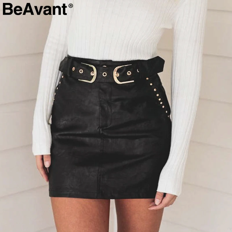 

BeAvant Sexy leather high waist women mini skirt Autumn bodycon sash belt lady pencil skirt Zipper black party club short skrits