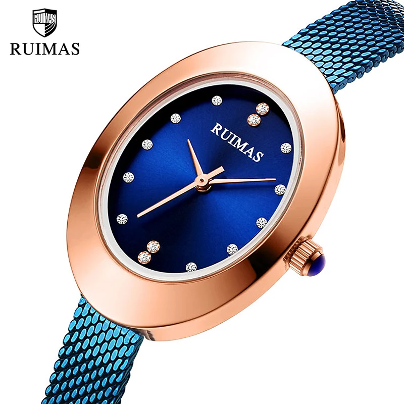 

RUIMAS Top Luxury Brand Women Watches Quartz Clock Oval Dial Blue Stainless Steel Waterproof Wristwatches Relogio Feminino