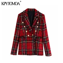 Винтажный стильный двубортный клетчатый твидовый Блейзер, пальто для женщин, модный Зубчатый воротник, длинный рукав, женская верхняя одежда, шикарные топы