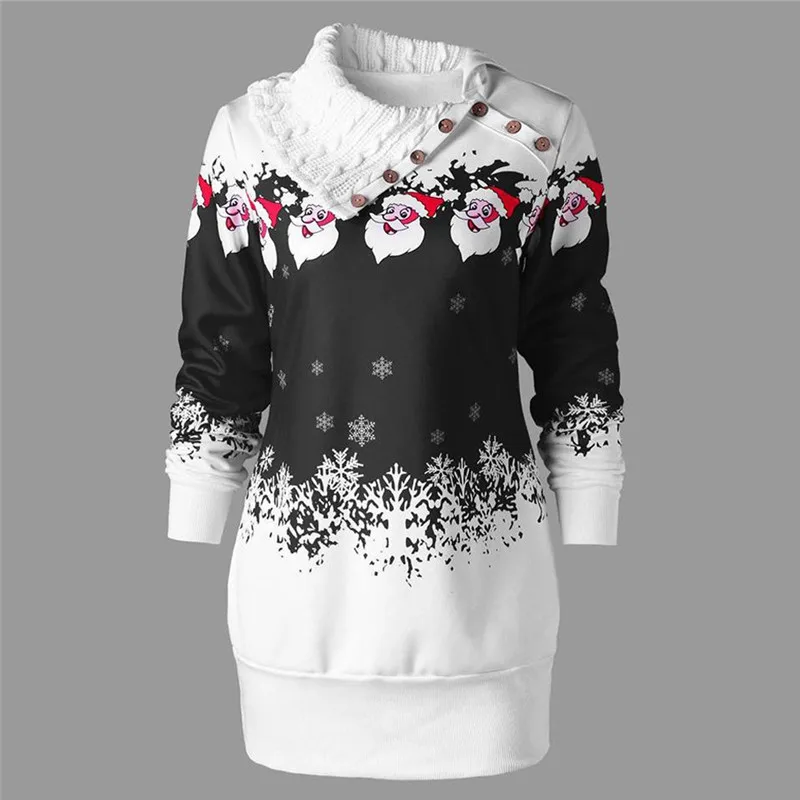 Sudadera Mujer, Женская Рождественская Толстовка, новая мода, Санта Клаус, снежинка, принт, пуговицы, туника, длинный свитер, зимние топы V26