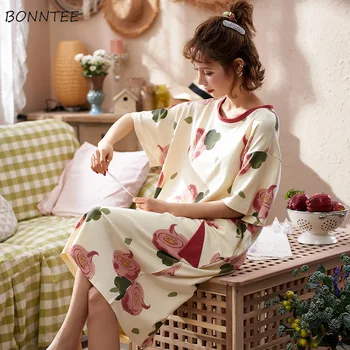 

Nightgowns Women Short Sleeve Printed Kawaii Lovely Loose Casual Sleepwear Breathable Chic Womens Nightdress Trendy Students New