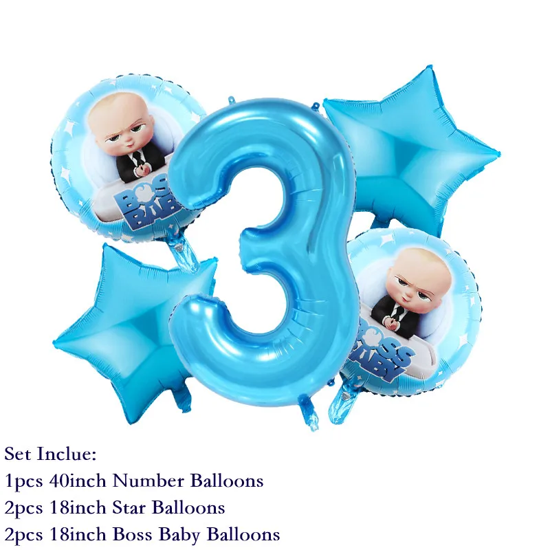 5pcs Cartoon Set Boss Baby Balloon 40inch Number Blue Foil Baby Shower 1 2 3 4 5 6st Birthday Party Decoration Helium Supply