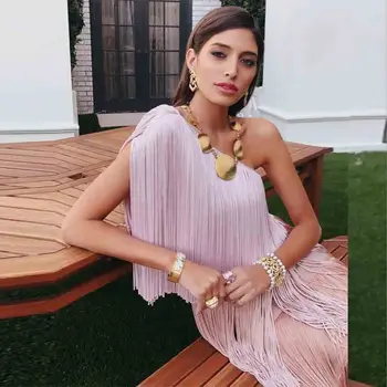 

Ocstrade 2020 Woman New Bodycon Dress Sexy Pink Tassel Bodycon Dress One Shoulder Boodycon Celebrity Evening Club Party Dress