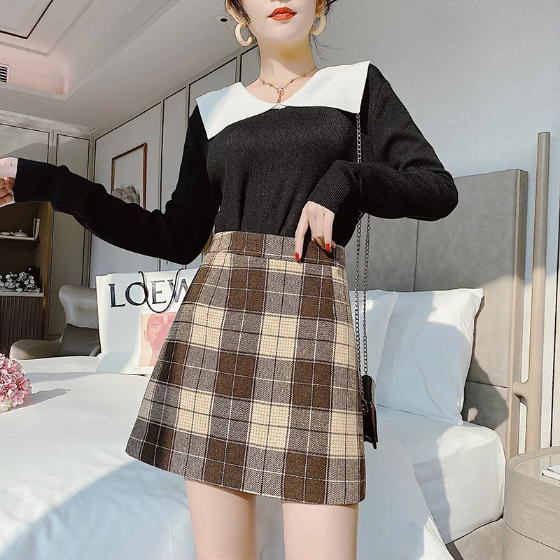 

Sutimine Autumn Winter New Women Midi Skirts Fashion Chic Plaid Woolen High Waist Zipper Slimming Casual Office Lady Skirts