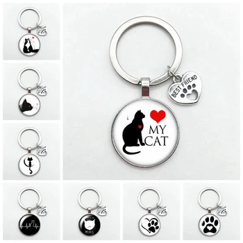 

Love Cat Pet Footprints Dogs Glass Cabochon Keychain Bag Car Key Chain Ring Holder Charms Silver Keychains for Men Women Gifts