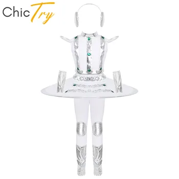 

ChicTry Kids Girls Halloween Carnival Roleplay Robot Costume Set Stage Performance Dance Wear Child Teens Space Astronaut Outfit