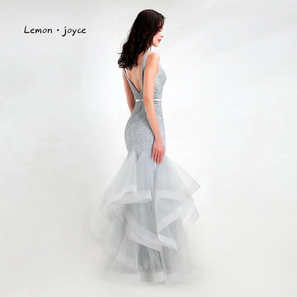 Lemon joyce Серые Вечерние платья элегантные вечерние платья с v-образным вырезом и бисером размера плюс robe de soiree