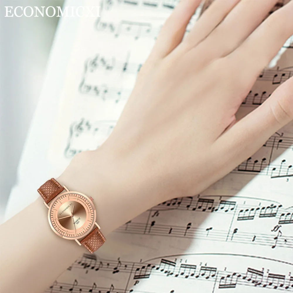 Модные повседневные женские кварцевые часы с розовым кожаным ремешком и