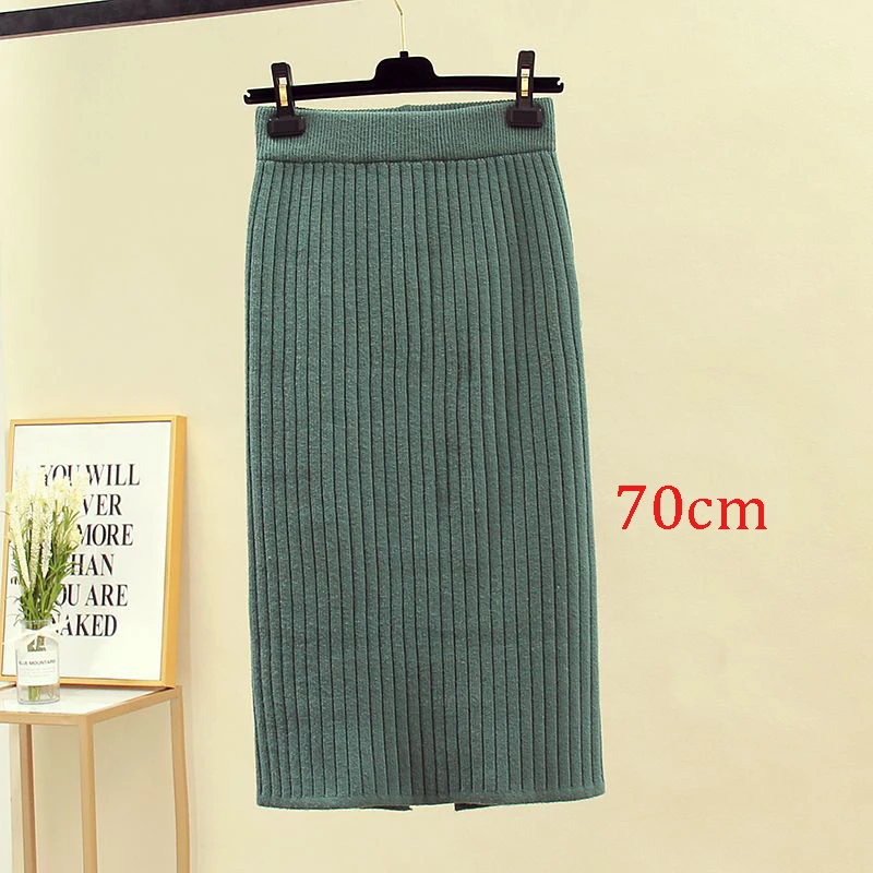 Dark green 70cm 60-70 см женские юбки с эластичными лентами осень зима теплая трикотажная прямая юбка ребристая юбка средней длины черная - Цвет: Dark green 70cm