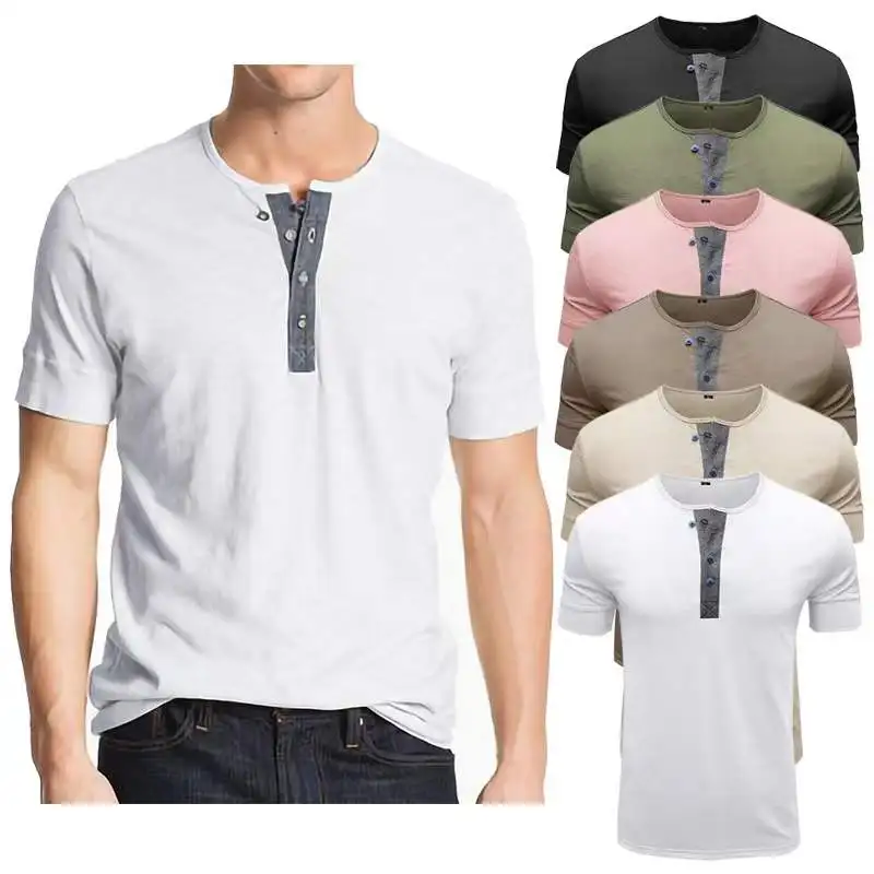 

Droppshipping New Fashion Solid Button Cotton Slim Fit Men Henley T Shirts Camiseta