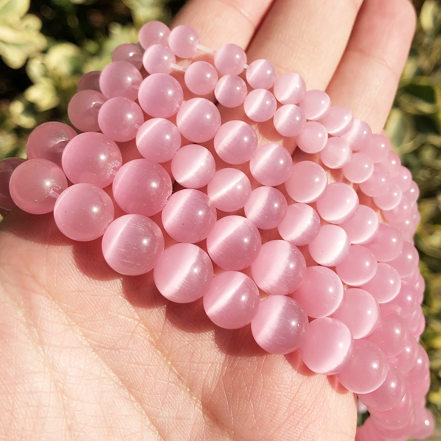 Natural Pink, White, & Blue Cat Eye Round Loose Beads for Jewelry Making - High-Quality Moonstone DIY Bracelet, 15 Strand