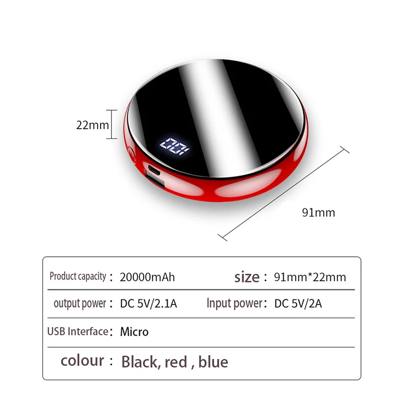 Мини Внешний аккумулятор 20000 мАч, светодиодный стеклянный зеркальный дисплей, портативное зарядное устройство для Xiaomi Iphone, батарея 2.1A, быстрая зарядка, внешний аккумулятор