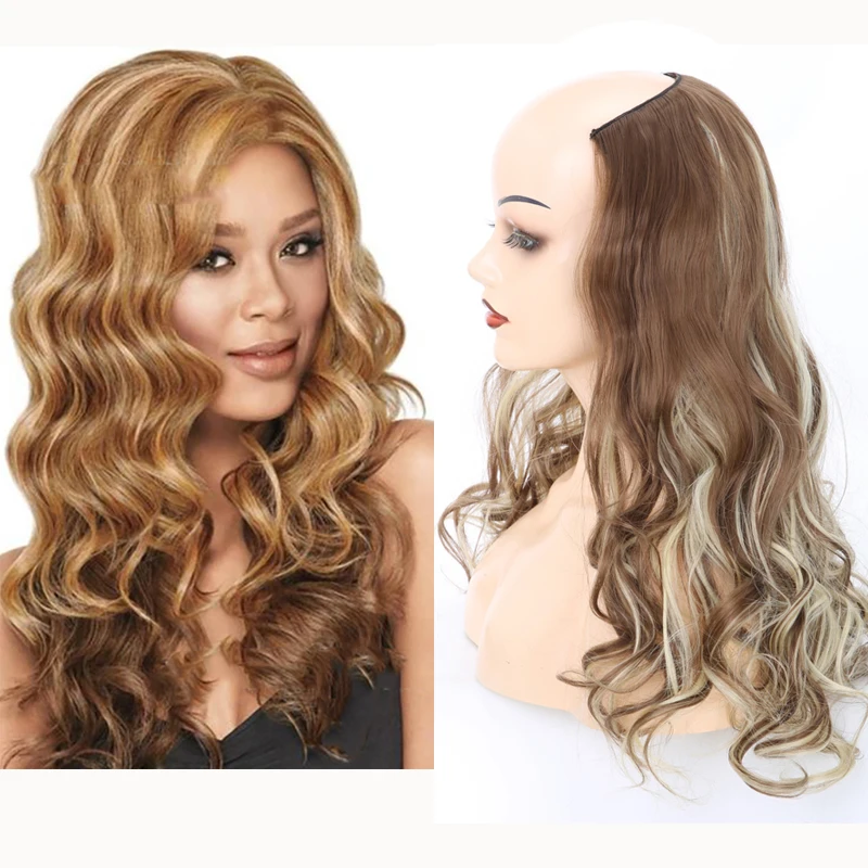 Half-Wig Wavy U-Shaped U-Part Wigs Fake-Hair Heat-Resistant Brown Black Natural Long