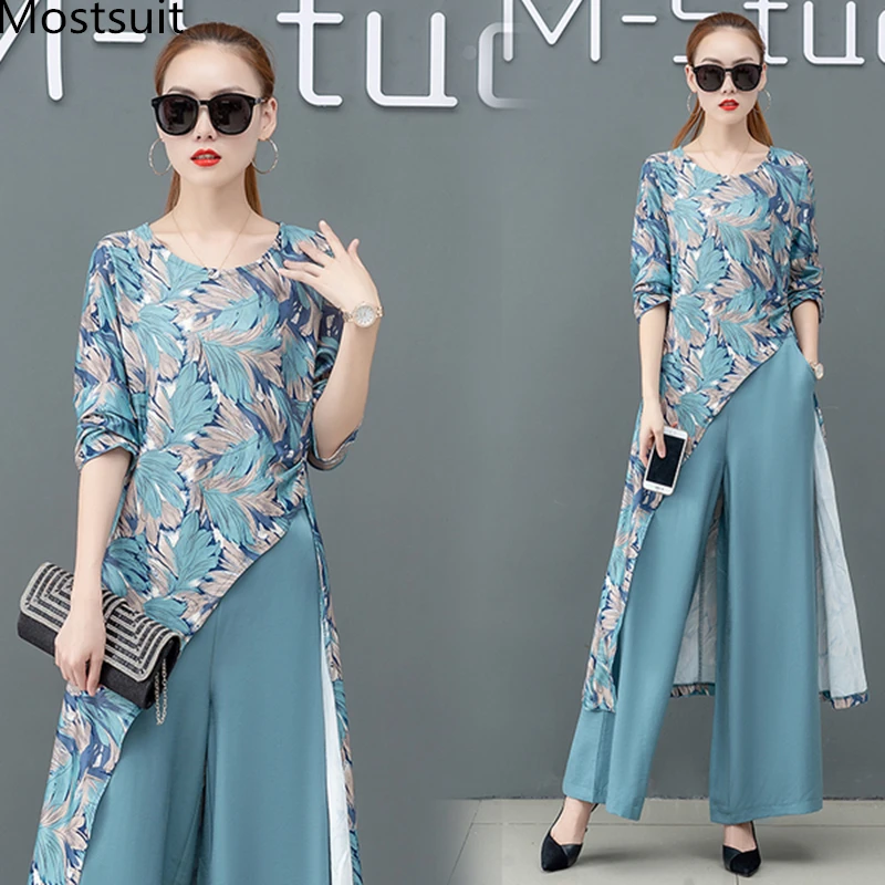 

Printed Two Piece Sets Outfits Women Plus Size Splicing Long Tops And Wide Leg Pants Suits Elegant Office Fashion Korean Sets