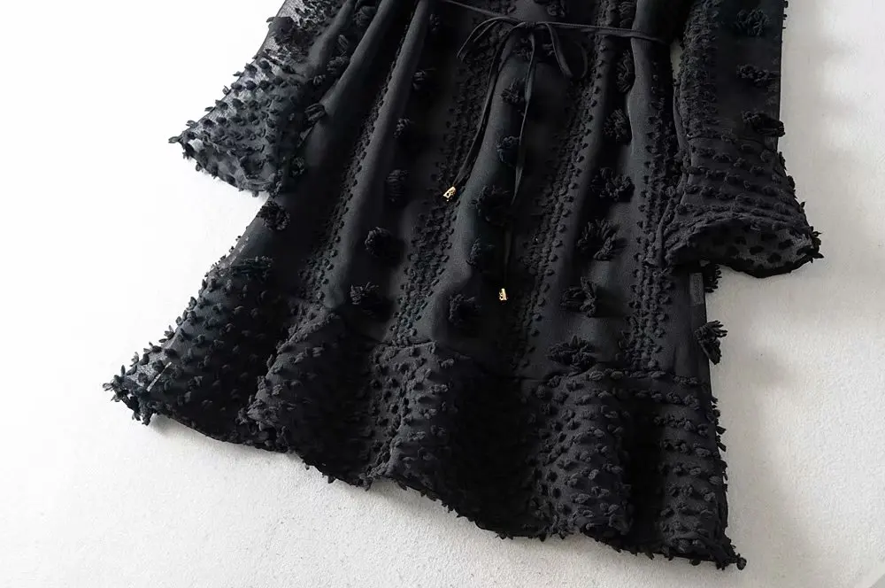 Сексуальные Платья женские черные Осень Зима с длинным рукавом Boho A Line Ruffle вечерние платья с поясом галстук Vestidos модное платье D