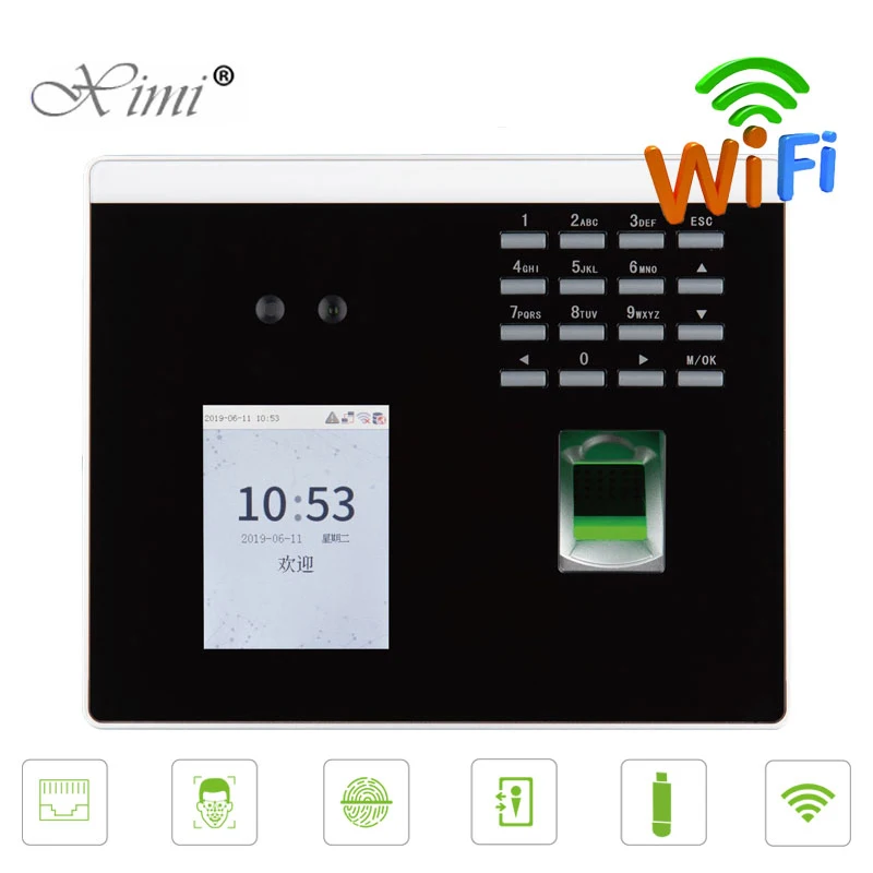 Luz Visible con reconocimiento de huella dactilar Facial, sistema de reloj de tiempo de asistencia, WIFI, USB, TCP/IP, sistema de Control de acceso de puerta