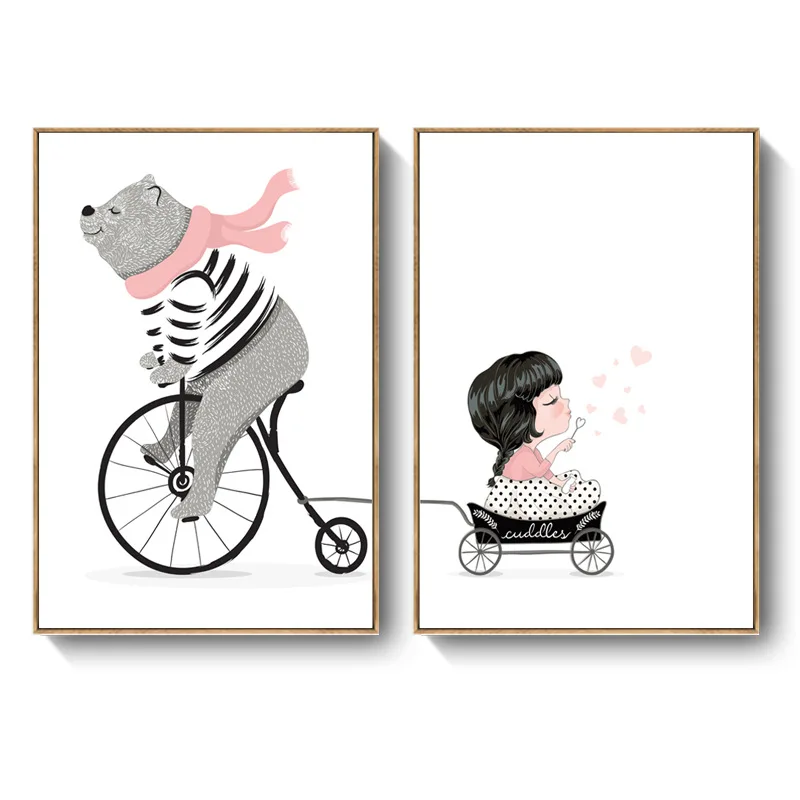 

Cartoon Decorative Painting CHILDREN'S Room Nordic Canvas Hanging Painting Bear Cycling