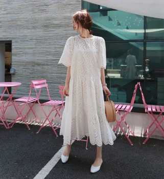 

Explosion style net summer large size embroidery hollow cotton dress maternity new short-sleeved round neck long skirt fairy