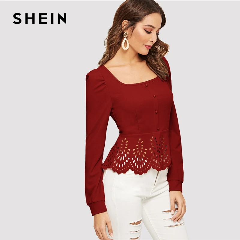 SHEIN блуза на пуговицах с квадратным воротником и баской, с пышными рукавами, Женские топы и блузки, весенний элегантный облегающий Топ