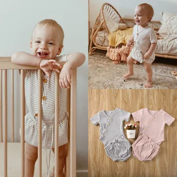 

Baby Summer Clothing 2PCS Newborn Infant Baby Girls Boys Striped Romper Tops Bow Shorts Outfits Costumes Set детская одежда