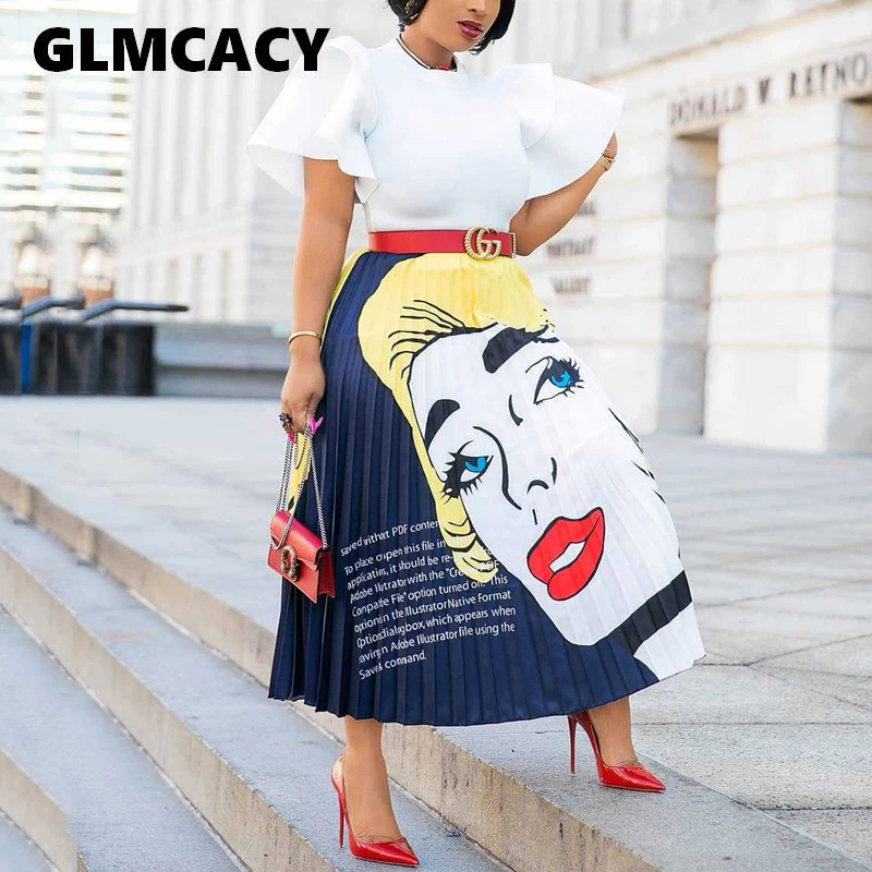 

Women Multicolor Graphic Print Pleated High Waist Straight Long Skirt Autumn 2019 Weekend Casual Shift Skirts