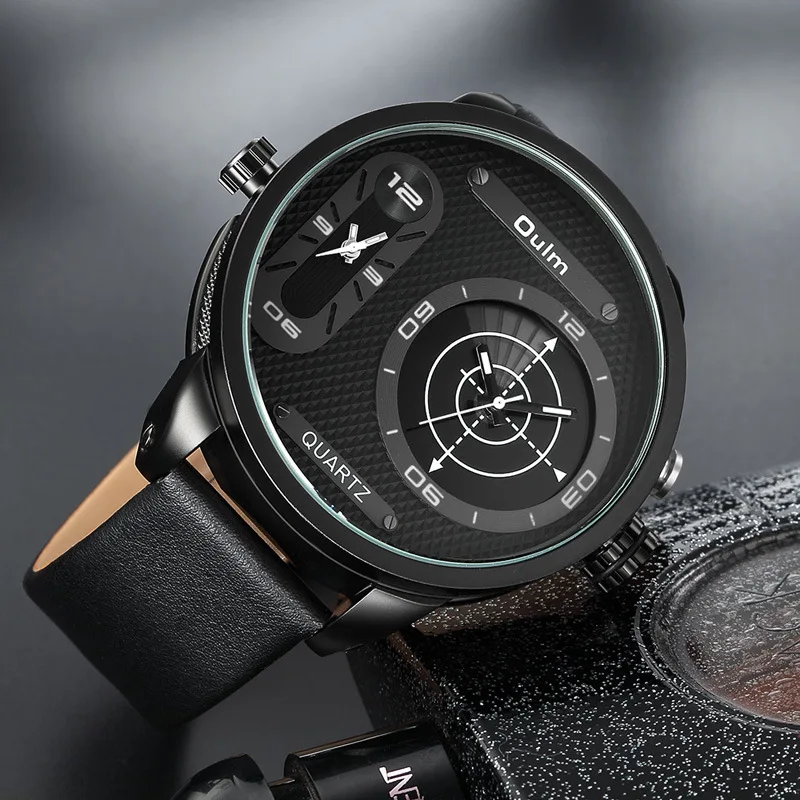 

Anke Store Oulm Mens Watch Fashion Casual Sport Waterproof Quartz Dual Time Zone Big Dial Luminous Leather Strap Watch for Men