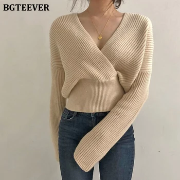 

BGTEEVER Sexy V-neck Cross Women Knitted Sweater 2020 Spring Loose Warm Female Pullovers Jumpers Slim Waist Knit Tops femme