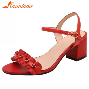 

Karinluna New Arrivals 2020 Peep Toe Ruffles Shoes Women Sandals Female Buckle Strap Thick Heels Concise Sandals Woman Shoes