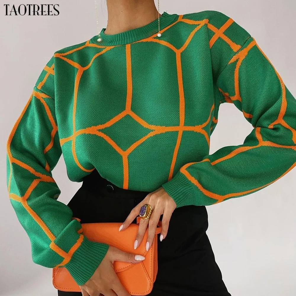 Taotrees Sweater Women's O-Neck Geometric Patterns Knitted Sweaters Female Pullovers Casual Tops Soft Warm Jumper | Женская одежда