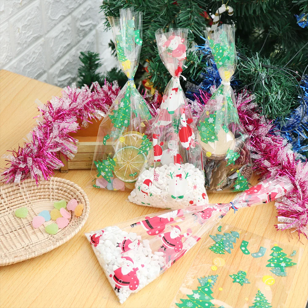 50 шт., рождественские Упаковочные пакеты для выпечки, печенья, сумка для хранения конфет, мультяшный Рождественский Санта-Клаус, снеговик, снеговик, сумка для конфет