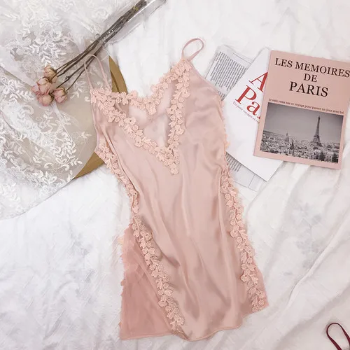 Women Embroidery Sexy Sleepwear Backless Nightdress Young Women Nightgowns Thin Ice Silk Lace Sling Sleeping Dress Night Gown - Цвет: E