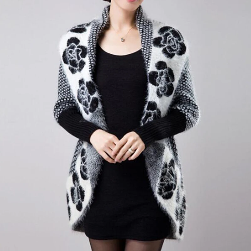 

new winter sweater size in the long Flower Loose cardigan wool sweater shawl thick long sleeved jacket lapel coat s445