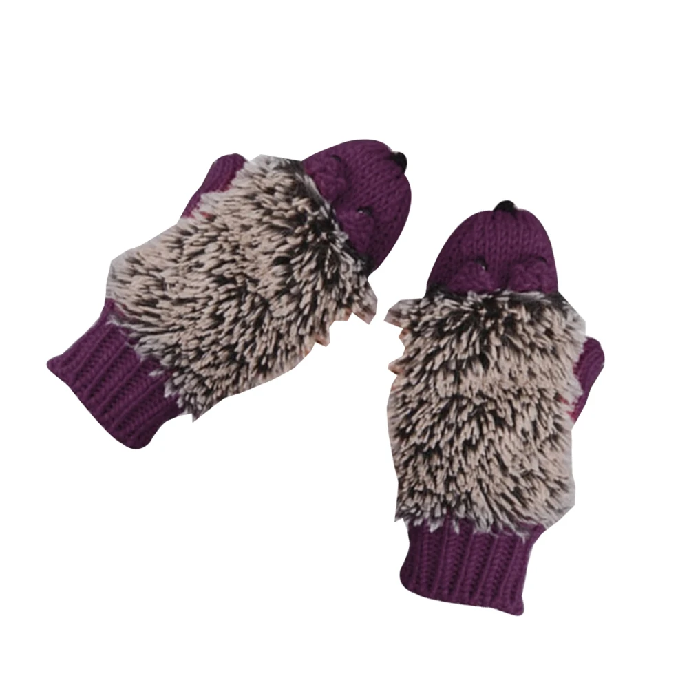 Теплые зимние женские теплые вязаные перчатки с мультяшным ежиком; зимние теплые вязаные перчатки; Рукавицы на палец; ручная работа