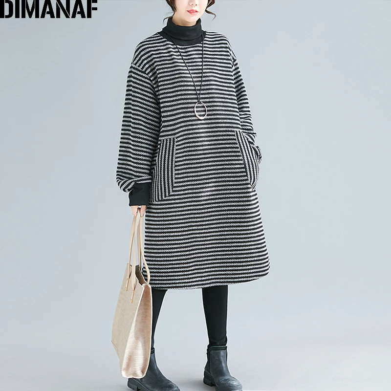DIMANAF размера плюс зимнее осеннее женское платье с высоким воротом утолщенное хлопковое Полосатое Черное женское платье с длинным рукавом