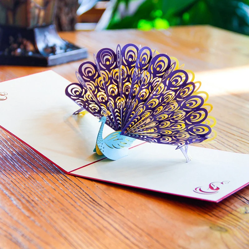 

New Peacock Greeting Card Christmas Birthday Card Lovely 3D Paper Carved Peacock Handmade Creative Gift Card