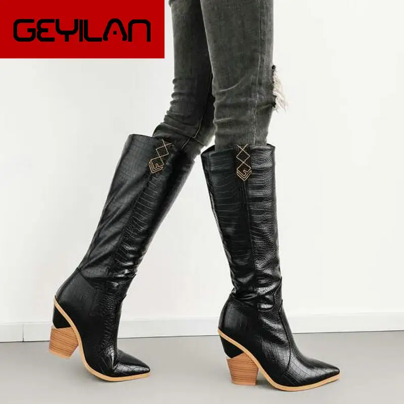 

Drop Shipping Winter Embossed Knee High Boots Women Strange Style High Heel Western Boots Pointed Toe Tall Shoes Autumn Gold