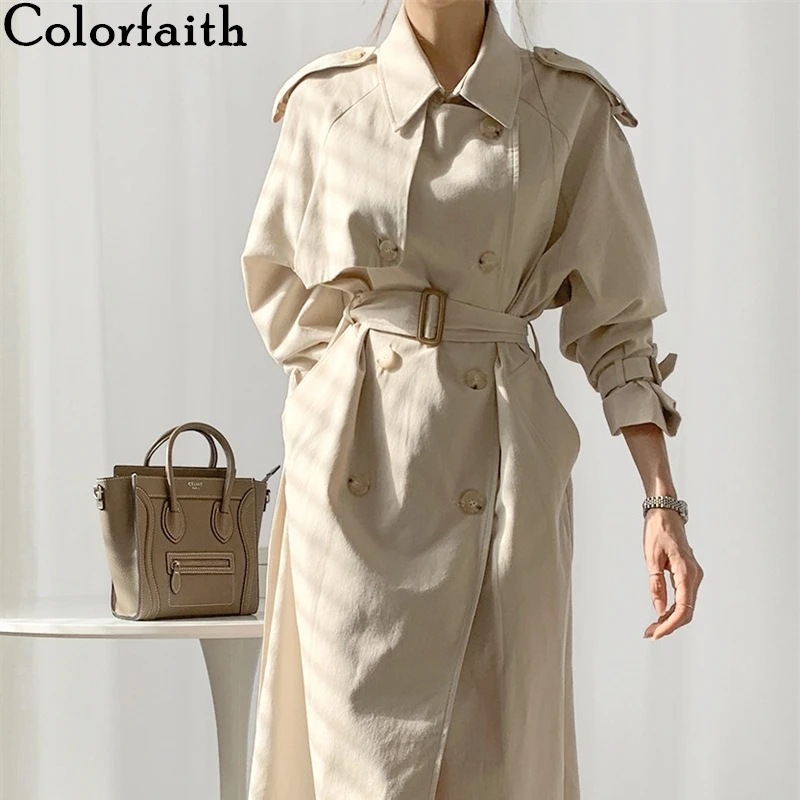 Womens Windbreaker Buttons Trench-Tops Oversize Colorfaith Vintage Spring Autunm Elegant