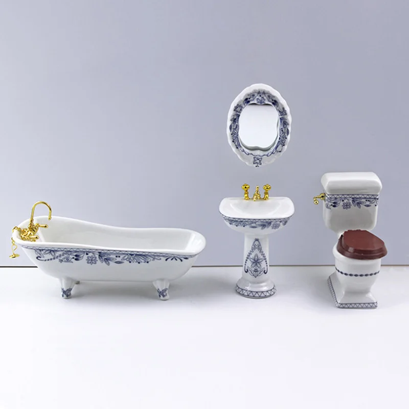 1/12 Dollhouse Miniature Accessories Mini Bathroom Set Simulation Bathtub Mirror Wash Basin Closestool for Doll House Decoration kemaidi bathtub basin faucet hot