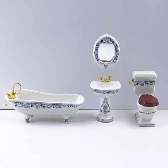 Dollhouse Bathroom Set Reutter Porcelain Tub Toilet Sink White