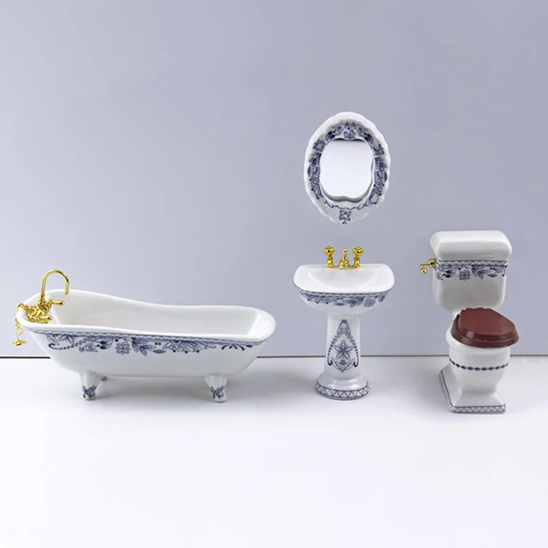 

1/12 Dollhouse Miniature Accessories Mini Bathroom Set Simulation Bathtub Mirror Wash Basin Closestool for Doll House Decoration
