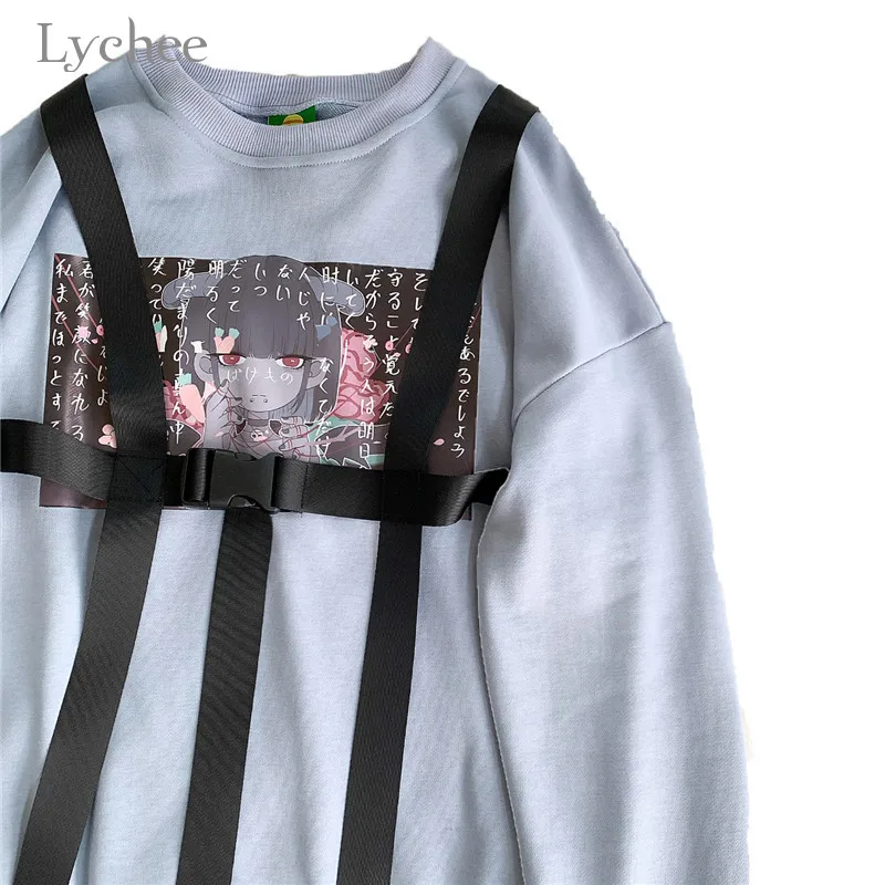 Lychee Harajuku Devil Girl с принтом ленты Лоскутные женские свитшоты весна осень женские Топы повседневные свободные женские пуловеры с круглым вырезом