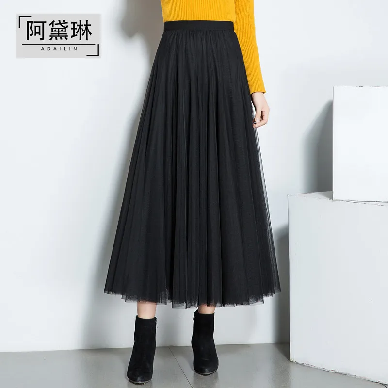 

Gauze Skirt 2019 Autumn And Winter Women's New Style Korean-style Big Hemline Mesh Dress Pleated Skirt Versatile Medium-length D