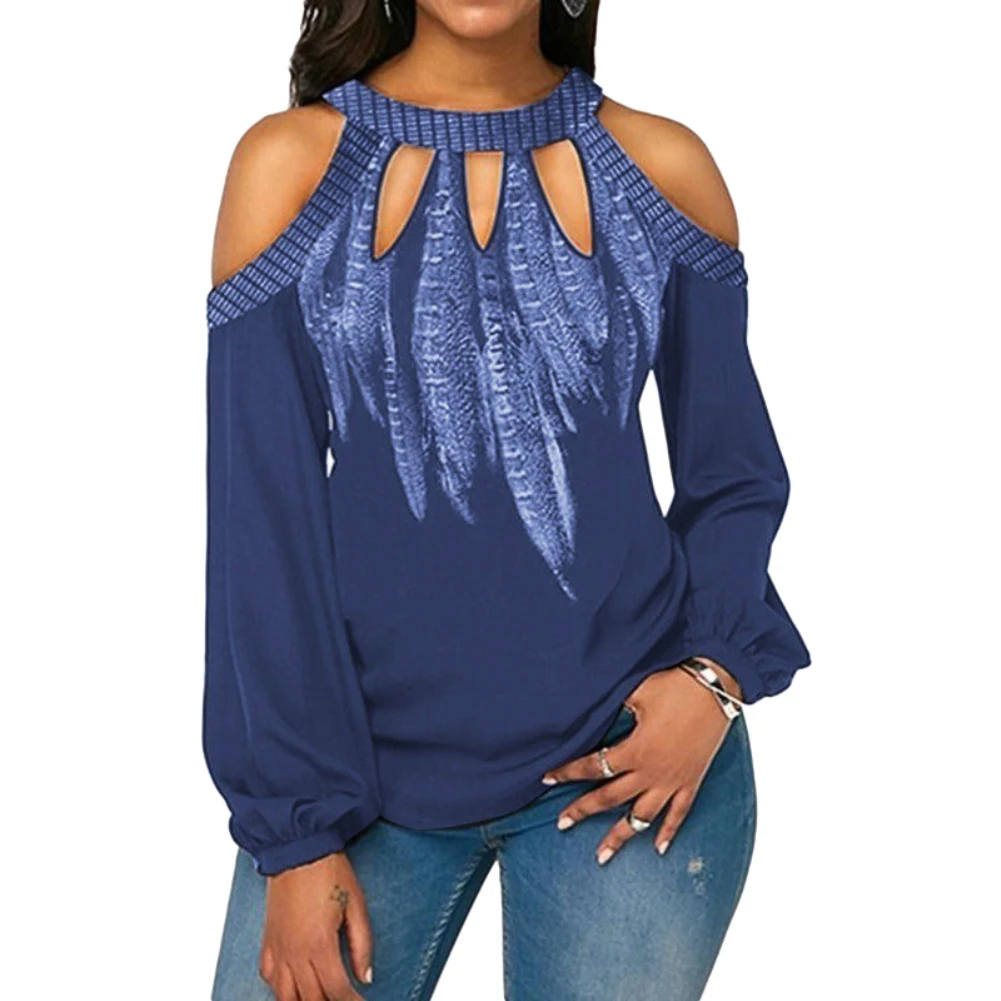 Plus Size Feather Print Women Cold Shoulder Long Sleeve Blouse Chiffon Shirt Round Neck Chiffon Blouse womens tops and blouses Plus Size Feather Print Women Cold Shoulder Long Sleeve Blouse Chiffon Shirt Round Neck Chiffon Blouse womens tops and blouses