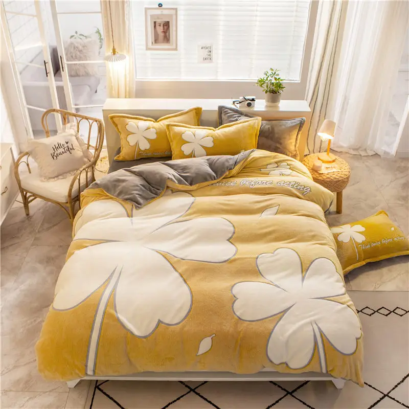 elegant yellow Модный кашемировый Комплект постельного белья со снежинками, 4 шт., простыня, пододеяльник, фланелевый флисовый комплект с 3D тиснением, зимний AB боковой Комплект постельного белья - Цвет: elegant yellow