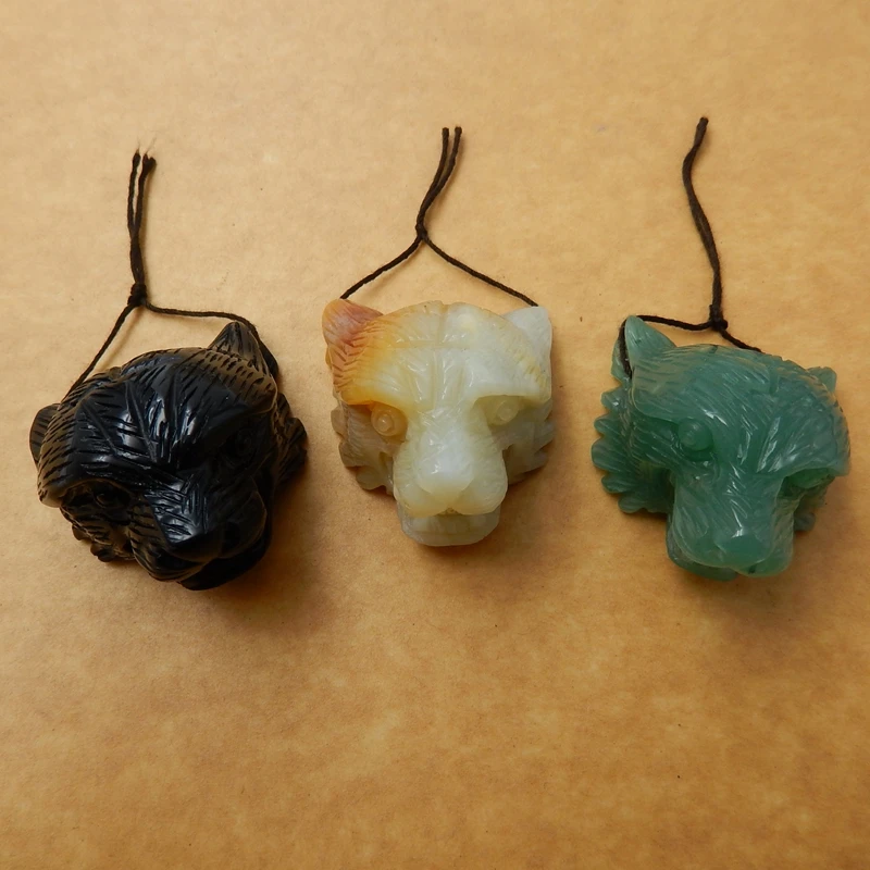 New Arrived Handcraft Green Aventurine Obsidian Amazonite Carved Tiger Head Pendants, 45x34x29mm, 47g
