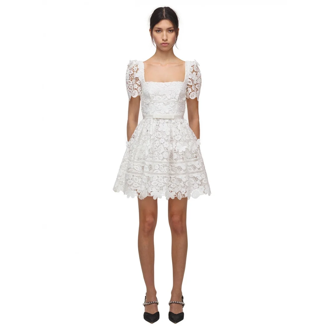 

Runway Evening Prom Dress Summer 2022 Women's Lace Flower Embroidery Mini Short Dresses Tulle Sexy Hollow Out Ruffles Vesetidos
