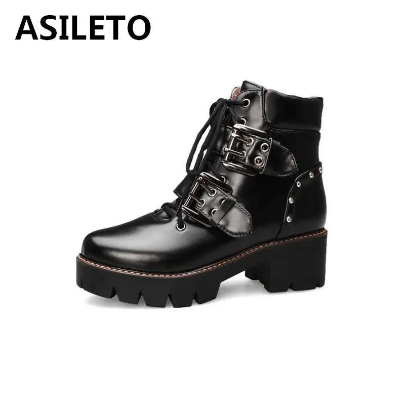 

ASILETO Ankle Boots Women motorycle bottes Big size 43 Bukle Lace-Up Platform Square Thick Heel High Shoes Leopard botas